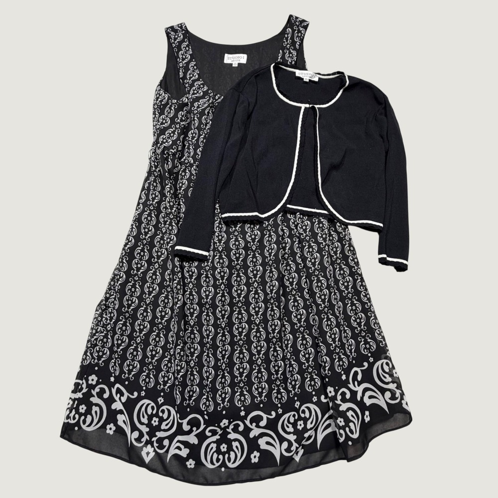 Vintage 90s Black White Dress Cardigan Set‎ Studio I Petite 16P XL Dark Academia